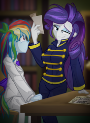 Size: 2200x3000 | Tagged: safe, artist:geraritydevillefort, character:rainbow dash, character:rarity, g4, my little pony:equestria girls, clothing, female, rainbow dantes, rarifort, sweat, the count of monte cristo, villefort