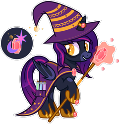 Size: 2000x2087 | Tagged: safe, artist:n0kkun, oc, oc only, oc:gloomy spirit (witch), species:alicorn, species:bat pony, species:pony, g4, alicorn oc, bags under eyes, bat pony alicorn, bat pony oc, bat wings, beaker, cape, clothing, fangs, female, gem, glass, grin, hat, hoof hold, hoof shoes, horn, horn ring, mare, markings, potion, ring, robe, simple background, smiling, solo, staff, transparent background, wings, witch, witch costume, witch hat