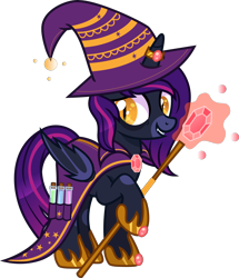 Size: 4000x4653 | Tagged: safe, alternate version, artist:n0kkun, oc, oc only, oc:gloomy spirit (witch), species:alicorn, species:bat pony, species:pony, g4, alicorn oc, bags under eyes, bat pony alicorn, bat pony oc, bat wings, beaker, cape, clothing, fangs, female, gem, glass, grin, hat, hoof hold, hoof shoes, horn, horn ring, mare, markings, potion, ring, robe, simple background, smiling, solo, staff, transparent background, wings, witch, witch costume, witch hat