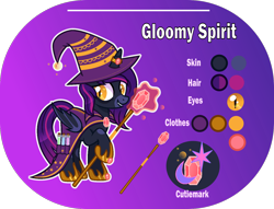 Size: 1400x1068 | Tagged: safe, artist:n0kkun, oc, oc only, oc:gloomy spirit (witch), species:alicorn, species:bat pony, species:pony, g4, alicorn oc, bags under eyes, bat pony alicorn, bat pony oc, bat wings, beaker, cape, clothing, fangs, female, gem, glass, gradient background, grin, hat, hoof hold, hoof shoes, horn, horn ring, mare, markings, potion, reference sheet, ring, robe, smiling, solo, staff, wings, witch, witch costume, witch hat