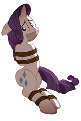 Size: 501x745 | Tagged: safe, artist:radiantrealm, edit, character:rarity, species:pony, species:unicorn, g4, background removed, bondage, bound and gagged, female, floppy ears, gag, looking at you, mare, rope, rope bondage, shrunken pupils, simple background, solo, tape, tape gag, tied up, transparent background