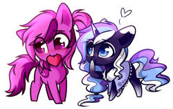 Size: 1584x1003 | Tagged: safe, artist:cloud-fly, oc, oc only, oc:frosty lavender, species:pegasus, species:pony, species:unicorn, g4, chibi, cute, female, heart, mare, mouth hold, simple background, transparent background