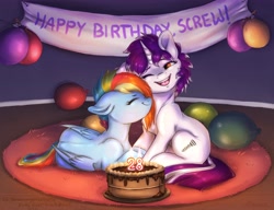Size: 5000x3845 | Tagged: safe, artist:buttersprinkle, commissioner:raritybro, character:rainbow dash, oc, oc:screwingwithsfm, species:pegasus, species:pony, species:unicorn, g4, balloon, banner, birthday, birthday cake, cake, canon x oc, commission, cute, dashabetes, eyes closed, female, food, horn, lesbian, lying down, mare, ocbetes, one eye closed, prone, rug, screwingwithsfm's birthday, shipping, snuggling, unicorn oc