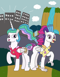 Size: 2382x3028 | Tagged: safe, artist:supahdonarudo, character:princess celestia, character:queen novo, species:alicorn, species:classical hippogriff, species:hippogriff, species:pony, fanfic:a royal getaway, g4, my little pony: the movie (2017), city, cityscape, clothing, cloud, cover, fanfic art, hawaiian shirt, ponytail, raised hoof, shirt, vacation, waterfall