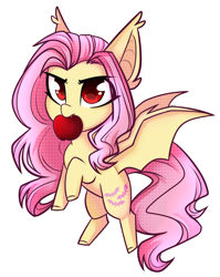 Size: 1300x1634 | Tagged: safe, artist:cloud-fly, character:flutterbat, character:fluttershy, species:bat pony, species:pony, g4, apple, bat ponified, chibi, female, food, mouth hold, race swap, simple background, solo, transparent background