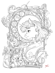 Size: 2953x3898 | Tagged: safe, artist:sourcherry, oc, oc:littlepip, species:pony, species:unicorn, fallout equestria, g4, clothing, flower, freckles, jumpsuit, modern art, nouveau, skull, solo, wip