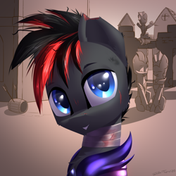 Size: 2600x2600 | Tagged: safe, artist:shido-tara, oc, oc only, species:bat pony, species:pony, g4, armor, commission, guard, looking at you, night guard armor, simple background, smiling, ych result