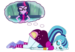 Size: 3000x2083 | Tagged: safe, artist:gmaplay, character:sonata dusk, character:twilight sparkle, character:twilight sparkle (scitwi), species:eqg human, g4, my little pony:equestria girls, ass, butt, clothing, converse, dream bubble, female, lesbian, sci-twinata, shipping, shoes, simple background, socks, sonata donk, transparent background, twinata