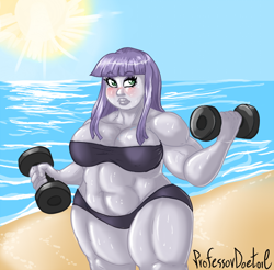 Size: 800x788 | Tagged: safe, artist:professordoctorc, character:maud pie, species:eqg human, g4, my little pony:equestria girls, beach, belly button, bikini, blushing, breasts, busty maud pie, clothing, dumbbell (object), female, musclegut, muscles, muscular female, solo, strong fat, sweat, swimsuit, thighs, thunder thighs