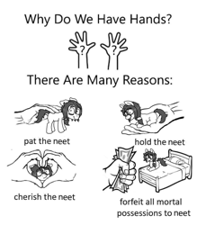 Size: 874x1000 | Tagged: safe, artist:scraggleman, oc, oc:floor bored, species:earth pony, species:human, species:pony, g4, bed, disembodied hand, hand, heart hands, holding, holding a pony, in goliath's palm, meme, money, monochrome, petting, small pony, smiling, solo, text