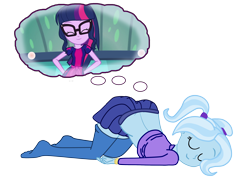 Size: 3000x2145 | Tagged: safe, artist:gmaplay, character:trixie, character:twilight sparkle, character:twilight sparkle (scitwi), species:eqg human, ship:twixie, g4, my little pony:equestria girls, alternate hairstyle, babysitter trixie, clothing, eyes closed, female, hoodie, lesbian, sci-twixie, shipping, simple background, skirt, sleeping, thigh socks, top down rear up, transparent background