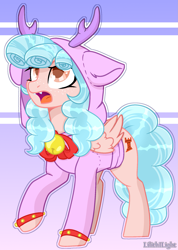 Size: 1493x2100 | Tagged: safe, artist:cloud-fly, artist:lilith1light, base used, character:cozy glow, species:pegasus, species:pony, g4, alternate hairstyle, bell, clothing, costume, cozybetes, cute, fangs, female, hoodie, kigurumi, older, older cozy glow, open mouth, raised hoof, solo