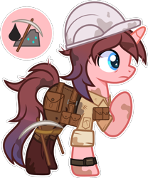Size: 2000x2402 | Tagged: safe, artist:n0kkun, oc, oc only, oc:black ore, species:pony, species:unicorn, g4, bag, belt, boots, clothing, dirt, female, hard hat, hat, helmet, jeans, mare, pants, pickaxe, pouch, raised hoof, saddle bag, shirt, shoes, simple background, solo, transparent background, watch, wristwatch