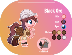 Size: 1400x1068 | Tagged: safe, artist:n0kkun, oc, oc only, oc:black ore, species:pony, species:unicorn, g4, bag, belt, boots, clothing, dirt, female, gradient background, hard hat, hat, helmet, jeans, mare, pants, pickaxe, pouch, raised hoof, reference sheet, saddle bag, shirt, shoes, solo, watch, wristwatch