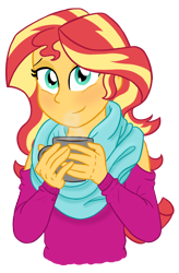 Size: 1842x2808 | Tagged: safe, artist:sugar-loop, character:sunset shimmer, species:eqg human, g4, my little pony:equestria girls, clothing, coffee, cute, digital art, female, looking at you, scarf, shimmerbetes, simple background, smiling, solo, transparent background