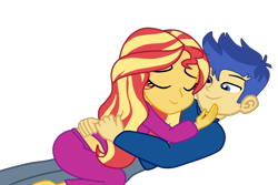 Size: 2464x1648 | Tagged: safe, artist:gmaplay, character:flash sentry, character:sunset shimmer, ship:flashimmer, g4, my little pony:equestria girls, bunset shimmer, butt, clothing, cuddling, female, hug, male, mimir, pajamas, shipping, simple background, straight, transparent background