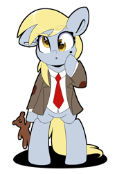 Size: 2696x4000 | Tagged: safe, artist:partylikeanartist, character:derpy hooves, species:pony, g4, bipedal, clothing, crossover, elbow pads, female, jacket, looking at you, mole, mr bean, necktie, simple background, solo, suit, teddy bear, tweed jacket, white background