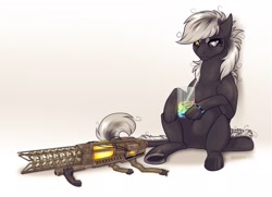 Size: 1800x1300 | Tagged: safe, artist:dementra369, oc, oc only, oc:hara, species:pony, g4, drink, drinking straw, fallout, fallout: new vegas, glass, monster pony, original species, simple background, sitting, solo, tatzlpony, tesla beaton, weapon