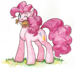 Size: 1135x1062 | Tagged: safe, artist:tigra0118, character:pinkie pie, species:earth pony, species:pony, g4, looking at you, my little pony, solo, standing, traditional art, watercolor painting