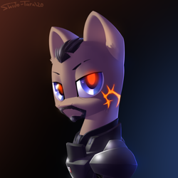 Size: 2000x2000 | Tagged: safe, artist:shido-tara, g4, armor, bust, crossover, glowing eyes, looking at you, mass effect, portrait, shepard, simple background