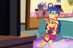 Size: 2852x1856 | Tagged: safe, artist:gmaplay, character:flash sentry, character:sunset shimmer, ship:flashimmer, g4, my little pony:equestria girls, barefoot, clothing, couple, feet, female, male, pajamas, shipping, straight