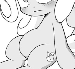 Size: 401x371 | Tagged: safe, artist:k-nattoh, edit, character:trixie, species:pony, species:unicorn, g4, belly, chubby, cropped, featureless crotch, monochrome, pictures of bellies, sitting, solo