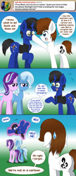 Size: 2048x4756 | Tagged: safe, artist:aarondrawsarts, character:starlight glimmer, character:trixie, oc, oc:brain teaser, oc:true blue, species:earth pony, species:pony, species:unicorn, g4, ask brain teaser, boop, breaking the fourth wall, butt, comic, dialogue, disguise, female, glasses, levitation, magic, male, noseboop, plot, reference, superman, telekinesis, tumblr, unamused