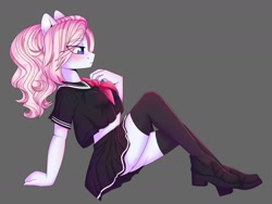 Size: 1280x960 | Tagged: safe, artist:cloud-fly, oc, oc only, species:anthro, species:plantigrade anthro, g4, clothing, eye clipping through hair, eyebrows, eyebrows visible through hair, female, gray background, sailor uniform, simple background, sitting, skirt, solo, stockings, thigh highs, uniform, upskirt, zettai ryouiki