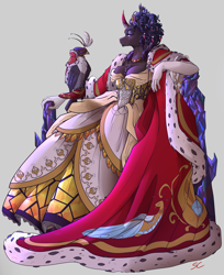 Size: 4323x5300 | Tagged: safe, artist:sourcherry, character:king sombra, species:anthro, species:bird, g4, bow, breasts, cape, cleavage, clothing, coronation dress, dress, ermine, gown, hair bun, hawk, queen umbra, rule 63, solo, throne