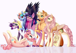 Size: 3294x2292 | Tagged: safe, artist:ohhoneybee, character:applejack, character:fluttershy, character:pinkie pie, character:rainbow dash, character:rarity, character:twilight sparkle, character:twilight sparkle (unicorn), species:earth pony, species:pegasus, species:pony, species:unicorn, g4, alternate design, female, females only, glasses, mane six, mare, standing