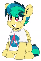 Size: 1393x2048 | Tagged: safe, artist:partylikeanartist, oc, oc:apogee, species:pegasus, species:pony, g4, acronym, clothing, eye clipping through hair, eyebrows, eyebrows visible through hair, female, nasa, oversized clothes, oversized shirt, shirt, simple background, sitting, solo, t-shirt, white background, wingding eyes