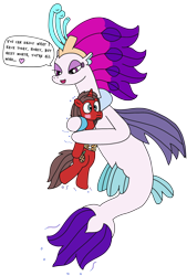 Size: 2084x3076 | Tagged: safe, artist:supahdonarudo, character:queen novo, oc, oc:ironyoshi, species:pony, species:seapony (g4), species:unicorn, g4, my little pony: the movie (2017), blushing, dialogue, heart, hug, simple background, size difference, speech bubble, this will end in snu snu, transparent background