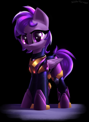 Size: 2200x3000 | Tagged: safe, artist:shido-tara, oc, oc only, species:pegasus, species:pony, g4, armor, commission, looking at you, pegasus oc, simple background, solo, wings