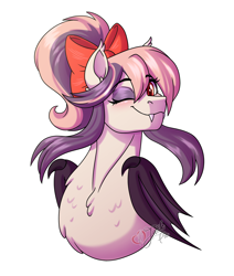Size: 2800x3300 | Tagged: safe, artist:jack-pie, oc, oc only, oc:sweet velvet, species:bat pony, g4, bat pony oc, bat wings, beautiful, chest fluff, commission, cute, female, high res, one eye closed, pretty, simple background, smiling, solo, transparent background, wavy mouth, wings, wink