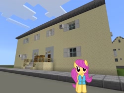 Size: 2048x1536 | Tagged: safe, artist:magister39, artist:topsangtheman, character:pursey pink, species:earth pony, species:pony, g4, house, looking at you, minecraft, solo