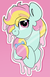 Size: 2579x4000 | Tagged: safe, artist:partylikeanartist, oc, oc:candy axe, species:earth pony, species:pony, g4, bow, bust, gak, goop, hair bow, hatching, high res, looking at you, ponytail, portrait, simple background, solo, sticker, wingding eyes