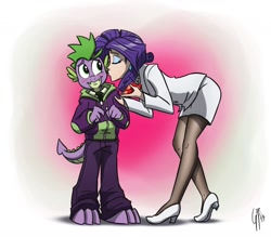 Size: 1200x1050 | Tagged: safe, artist:glancojusticar, character:rarity, character:spike, species:anthro, ship:sparity, blushing, clothing, female, fire ruby, humanized, kiss on the cheek, kissing, male, pantyhose, shipping, straight