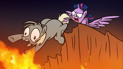 Size: 1914x1080 | Tagged: safe, artist:petirep, character:twilight sparkle, character:twilight sparkle (alicorn), species:alicorn, species:pony, alicorn day, book store pony, dangling, female, fire, hoof hold, mare, threatening