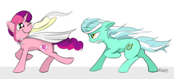 Size: 1200x545 | Tagged: safe, artist:cheshiresdesires, character:lyra heartstrings, oc, oc:marker pony, species:earth pony, species:pony, species:unicorn, 4chan, accessory theft, cape, clothing, duo, gritted teeth, hat, lyra is not amused, one eye closed, running, smiling, windswept mane, wink