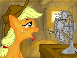 Size: 1024x770 | Tagged: safe, artist:petirep, character:applejack, species:earth pony, species:pony, fan, female, heat, hot, mare, overheated, solo, sweat, tongue out