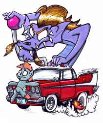 Size: 2680x3168 | Tagged: safe, artist:sketchywolf-13, character:snips, character:steven magnet, species:pony, species:unicorn, car, christine, controller, fire, hilarious in hindsight, ignition, joystick, lee tockar, plymouth, plymouth fury, rat fink, serpent, simple background, smoke, voice actor joke