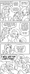 Size: 550x1350 | Tagged: safe, artist:marcusmaximus, character:alula, character:pluto, character:princess erroria, oc, oc:milky way, oc:tracy cage, species:alicorn, species:pony, /mlp/, 4chan, comic, female, grayscale, knife, mare, monochrome, pluto