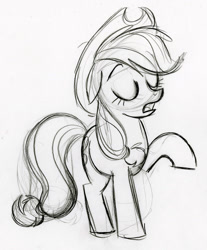 Size: 900x1086 | Tagged: safe, artist:lauren faust, character:applejack, behind the scenes, color me, concept art, eyes closed, female, monochrome, raised hoof, solo
