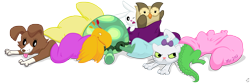 Size: 7500x2500 | Tagged: safe, artist:kitsukitsune, artist:stinkehund, character:angel bunny, character:gummy, character:opalescence, character:owlowiscious, character:tank, character:winona, species:dog, species:owl, species:phoenix, species:rabbit, alligator, cat, clothing, pet, pets, phoenix chick, simple background, socks, tortoise, transparent background