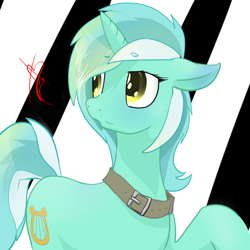 Size: 800x800 | Tagged: safe, artist:cymek, character:lyra heartstrings, species:pony, species:unicorn, abstract background, belt, choker, collar, female, floppy ears, looking back, mare, raised hoof, signature, solo