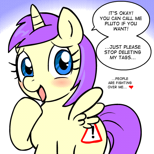 Size: 500x500 | Tagged: safe, artist:marcusmaximus, character:alula, character:pluto, character:princess erroria, species:alicorn, species:pony, species:unicorn, animated, blushing, cutie mark, dialogue, error, female, filly, glitch, heart, looking at you, pluto, simple background, speech bubble