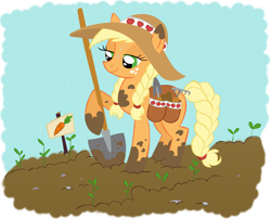 Size: 4000x3227 | Tagged: safe, artist:lauren faust, artist:shelltoon, character:applejack, carrot, clothing, colored, female, food, hat, shovel, solo