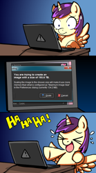 Size: 550x990 | Tagged: safe, artist:marcusmaximus, character:alula, character:pinkie pie, character:pluto, character:princess erroria, species:alicorn, comic, computer, erroria's computer, laptop computer, laughing, photoshop