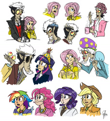 Size: 1600x1760 | Tagged: safe, artist:glancojusticar, character:applejack, character:discord, character:fluttershy, character:pinkie pie, character:rainbow dash, character:rarity, character:twilight sparkle, species:human, episode:keep calm and flutter on, g4, my little pony: friendship is magic, big crown thingy, clothing, crossdressing, element of generosity, element of honesty, element of kindness, element of laughter, element of loyalty, element of magic, elements of harmony, glasses, humanized, mane six, mug, scene interpretation, sweater, sweatershy, winged humanization