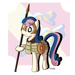 Size: 1050x1050 | Tagged: safe, artist:cheshiresdesires, character:bon bon, character:sweetie drops, species:earth pony, species:pony, abstract background, armor, cutie mark background, female, smiling, solo, spear, weapon